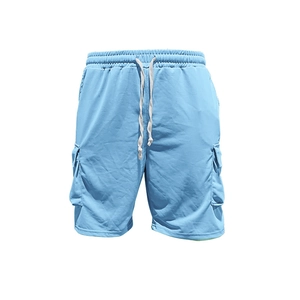 Detail of light blue men's cargo shorts with elastic drawstring waist and side flap pockets