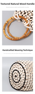 Detail of handcrafted wooden bead bag featuring natural bamboo handles and woven texture