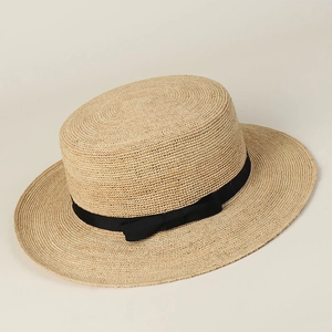 Damen Raffia Strohhut Flacher Boater Hut Handgefertigt Breiter Rand Sonnenschutz Strand Reise Urlaub Mit Schwarzer Schleife