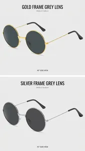 Detailansicht runder Retro-Sonnenbrillen in Gold und Silber Metallrahmen mit grauen Gläsern