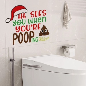 Funny Christmas bathroom wall sticker with phrase He Sees You When You Are Pooping