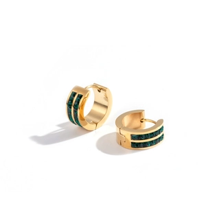 Golden titanium steel hoop earrings featuring double rows of emerald green zircon stones