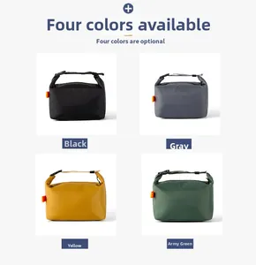 Detail view of portable lunch bags in black, grey, yellow, and army green colors