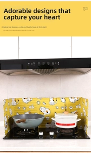 Kitchen oil splash guard with cute cartoon cat pattern on foldable heat insulation foil