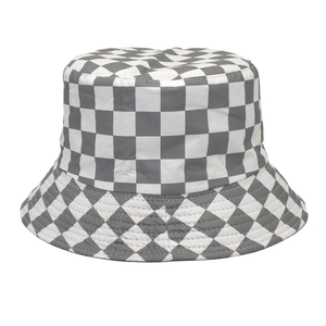 Detailed view of gray and white checkerboard pattern on cotton canvas bucket hat fabric