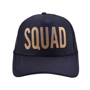 Detail of navy blue mesh trucker hat with gold SQUAD text and breathable rear netting
