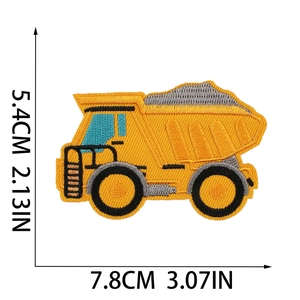 Embroidered yellow excavator patch for kids' clothing, 7.8cm wide, white background