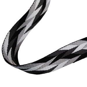 Adjustable wide replacement shoulder strap with woven black and grey geometric patterns