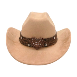 Detailed view of suede cowboy hat featuring brown leather band and heart rhinestone buckle