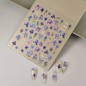 5D embossed nail art stickers with purple iris flowers and gold foil accents