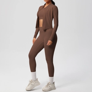 Three-piece dark coffee women's yoga set with jacket, sports bra and high-waist leggings