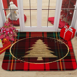 Christmas flannel absorbent mat with red green plaid pattern and golden tree design