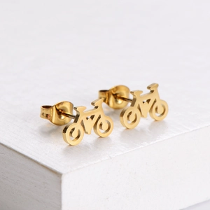 Polished gold bicycle stud earrings made of high-quality stainless steel for women