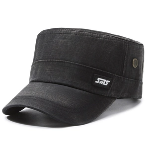 Men's vintage washed denim cadet cap in black featuring SMS patch and metal eyelets