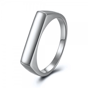 Minimalist polished silver signet ring with a flat rectangular top shown from 45-degree angle