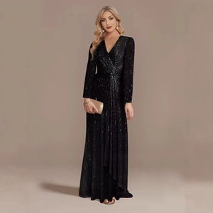 Sparkly black long sleeve V-neck mermaid evening gown with sequins for gala events
