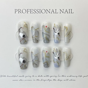 Handmade Chinese style press-on nails with crane mountains and sun art design