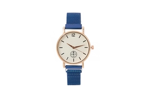 Detail of rose gold quartz watch with navy mesh strap and minimalist white dial