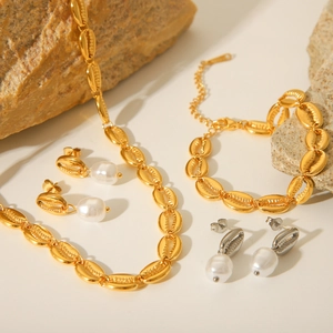 Stainless Steel Scallop Shell Necklace Bracelet Artificial Pearl Earrings Ocean Style Women Beach Jewelry Accessories