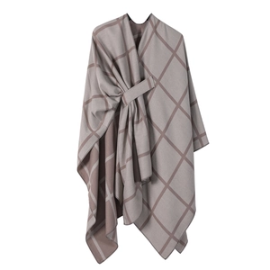 Taupe plaid knitted poncho shawl with slot fastening for women in autumn and winter