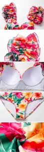 Detailed close-up of floral bikini set with ruffles, underwire cups and ribbed fabric