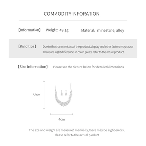 Detailed size specifications for rhinestone geometric jewelry set including necklace and earrings
