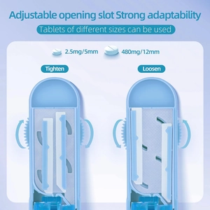Detail of adjustable pill splitter slot showing tighten and loosen modes for tablet cutting