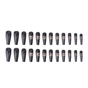 Set of 24 black long ballerina press-on nails with sexy baby graphic art lines