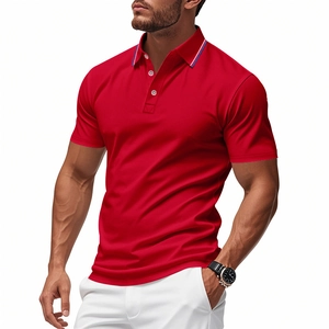 Detailed close-up of red polo shirt collar with blue and white stripes and knit texture