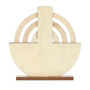 Detail of wooden perpetual calendar showing concentric arc layers and dark brown base