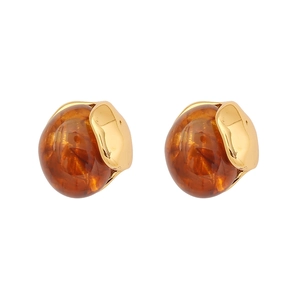 Elegant amber resin oval stud earrings with polished gold-tone stainless steel base