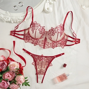 Sexy Lace Embroidery Lingerie Floral Sheer Underwire Bra And Thong For Women French Style Breathable