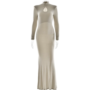 Detail of elegant champagne fish-tail dress featuring high neck and keyhole cutout