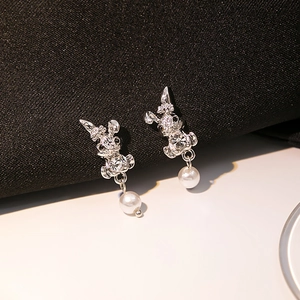 Silver rabbit stud earrings with shimmering rhinestones and a white pearl drop detail
