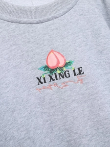 Détail d'un sweat gris en maille avec motif de pêche et inscription XI XING LE