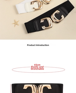 Detail of elastic waist belt showing golden geometric C-buckle and 65cm stretchable band