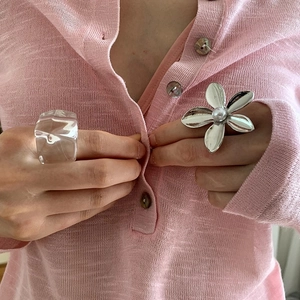 Open Ring Flower Hollow Round Geometric Imitation Artificial Pearl Alloy Adjustable Minimalist Statement Chic For Women
