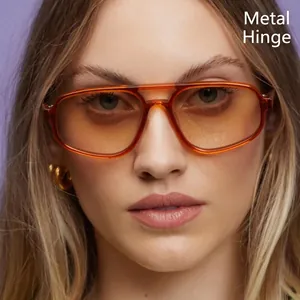 Retro oversized square sunglasses with double bridge and metal hinges on orange frames