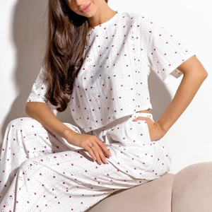 Ensemble De Loungewear Femme Col Rond Manches Courtes Haut Court Et Pantalon Long Tissu Ajouré Imprimé Cœur Polyester