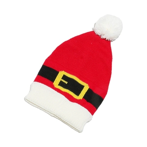 Bonnet de Noël rouge en tricot avec pompon blanc et motif de ceinture de Père Noël