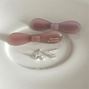 Minimalist 925 silver heart stud earrings with zircon and pink resin bow hair clips