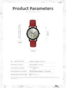 Dimensions techniques de la montre à quartz M1367 avec bracelet en cuir rouge