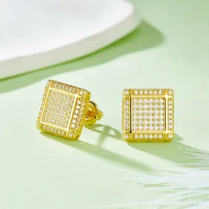 Square moissanite stud earrings in gold finish featuring a classic iced out micro pave design