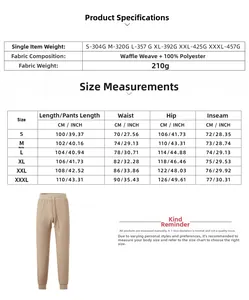 Detailed size chart for waffle knit joggers including waist, hip, and length measurements