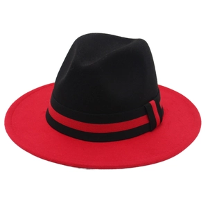 Classic wide brim felt jazz hat with bicolor black and red拼接design and ribbon band