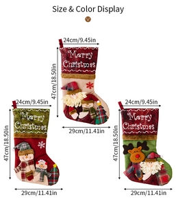 Detailed size chart for large Christmas stockings with 3D Santa and reindeer appliques