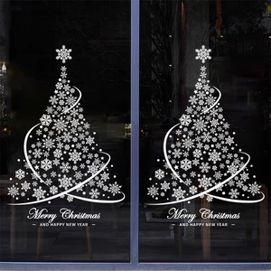 White Christmas tree snowflake window decals with Merry Christmas and Happy New Year text
