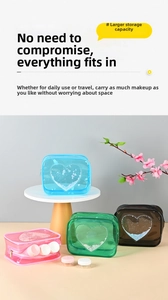 Detailed view of four transparent PVC makeup bags with glittery heart patterns and zippers
