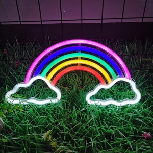 Vibrant LED rainbow neon light with cloud details placed on green grass for wall decor