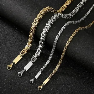 Collier Chaîne Byzantine Acier Inoxydable Pendentif Étiquette ID Rectangulaire Bijoux Hip Hop Punk Pour Hommes